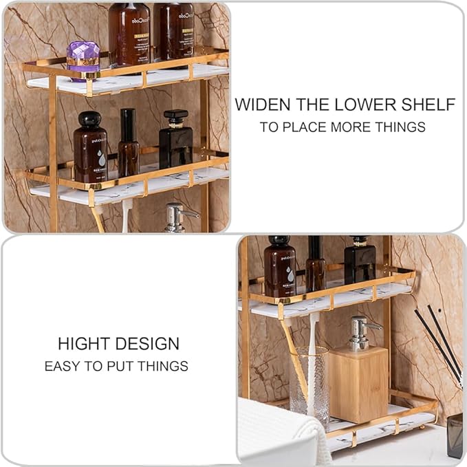 Bathroom Organizer Countertop Perfume Organizer Makeup Cosmetics Storage Display Rack 3 Tier Vanity Tray Dresser Stainless Steel Gold Shelf White Marble Ceramic Tray (Gold, L)