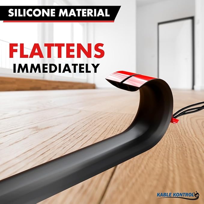Kable Kontrol Silicone Floor Cord Cover - 5 Ft Flexible Cord Protector, Self Adhesive, for Concealing Extension Cable, Protecting Wires, Prevents Trips – 2.5in W X 0.5in H - 35 Pcs - Black
