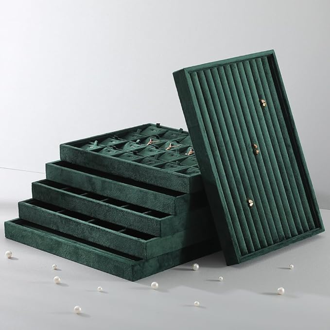 Velvet Stackable Jewelry Display Tray, 24 Grid Earring Ring Storage Tray, Drawer Divider Jewelry Accessories Organizer Plate (Green)