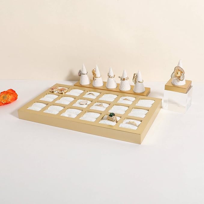 GemeShou Velvet Ring Storage Organizer Tray with 18 grids, White Jewelry Earring Display Stand for Selling, Velvet Jewelry Studs Display Holder【White】