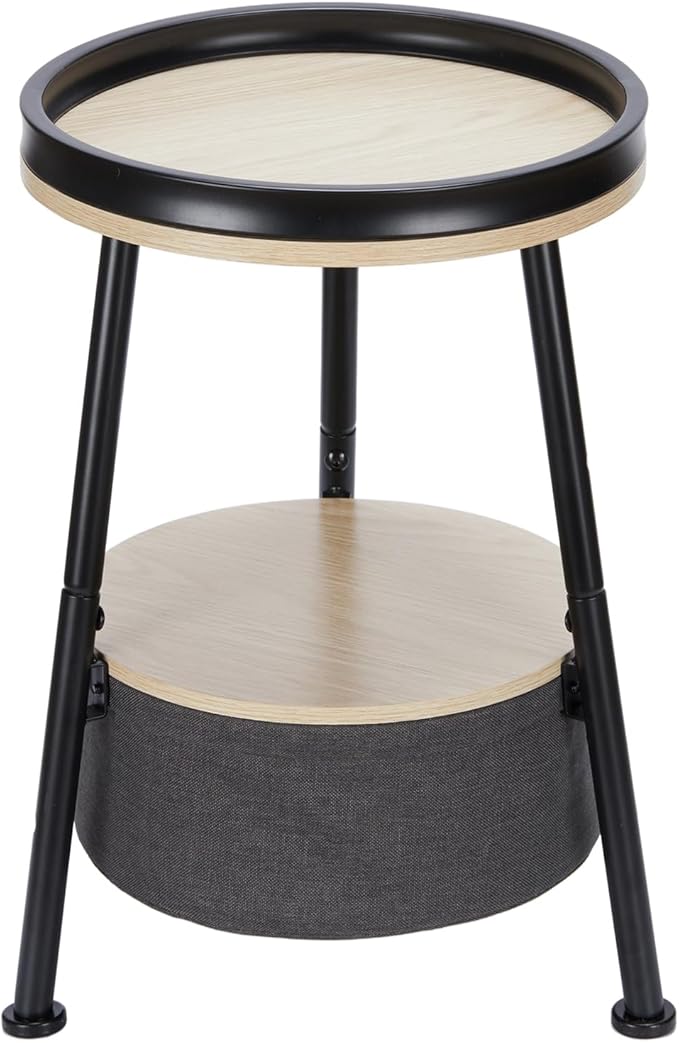 Small Round End Table, 2 Tier Side Table with Storage Basket, 11.8'D*17.8'H, Sofa Side Table, Small Round Nightstand