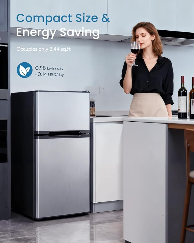 3.2 Cu.Ft Mini Fridge with Freezer - 2 Door Small Refrigerator, Mini Refrigerator with Adjustable Thermostat, Removable Shelves, Mini Fridge for Bedroom, Office, Dorm, Apartment, Silver