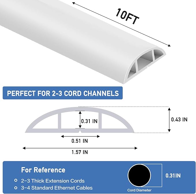 Floor Cord Cover Self Adhesive Cord Hider Floor Extension Cord Covers for Floor Power Cord Protector Cable Management Prevent Cable Trips Cable Cavity 0.51" W x 0.31" H (White, 10Ft)