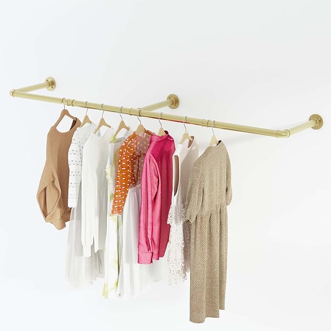 Wall Mounted Clothes Rack, 72" Industrial Pipe Clothing Rack, Heavy Duty Gold Garment Rack Bar, Multi-Function Hanging Clothes Rod for Laundry Room,Bedroom,Dressing Room,Closet Storage