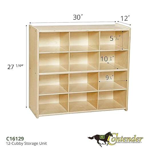 Contender 12 Compartment Storage Unit With Brown Bins For Kids, Montessori Hardwood Cubby Organizer For Organizing Toys, Art And Craft Supplies [Fully Assembled]
