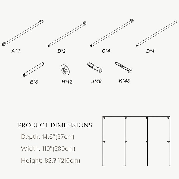 Industrial Pipe Clothing Rack, Heavy Duty Wall Mounted Clothes Rack, Retail Display Hanging Garment Rod for Laundry Rooms, Closet Storage 14.6x110x82.7 Inches, Model K07