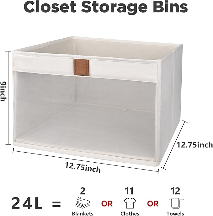 Linen Closet Organizers and Storage, Closet Storage Bins Basket Organizer, Foldable Organization Baskets with Mesh Window for Clothes Towels and Toys, 12.75" x 12.75" x 9", Beige, 6 pack