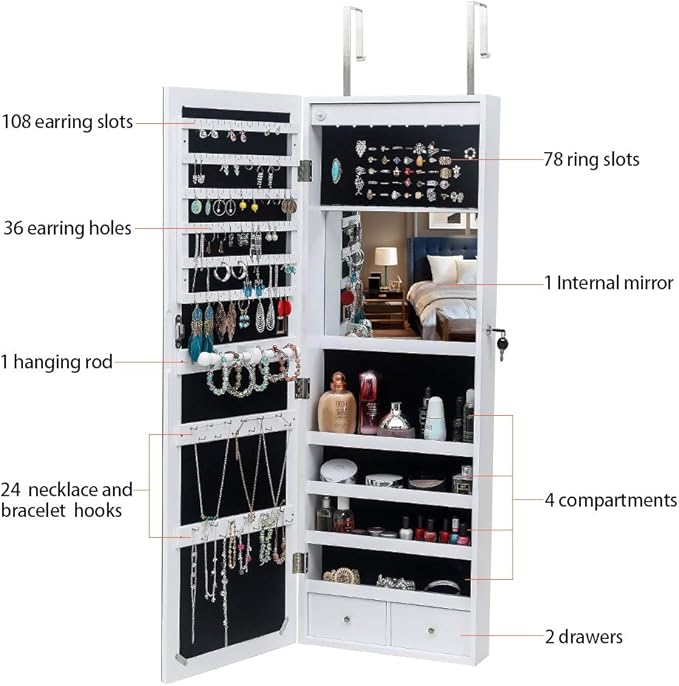 8 LEDs Mirror Jewelry Armoire, Wall Mounted Jewelry Cabinet with Mult Back Shelves & Interior Mirror & Lockable & Drawers, Jewelry Organizer with Storage for Women Gift, White