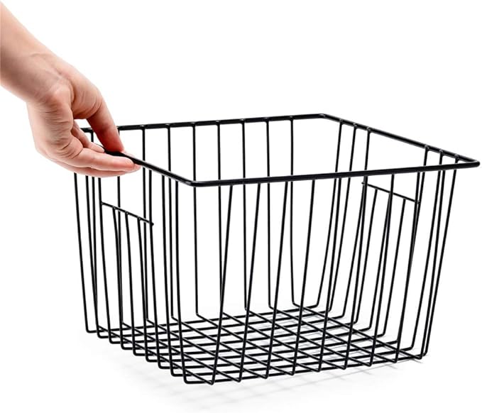 Slideep Refrigerator Freezer Organizer Wire Storage Basket , Farmhouse Food Wire Bins Container with Handles for Kitchen, Pantry, Freezer, Cabinet, Car, Bathroom Black 4 Pack