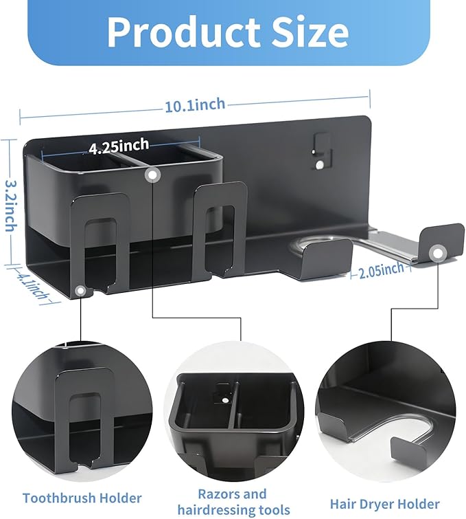 Hair Dryer Holder Wall Mounted Adhesive/Drilling,Hair Dryer Storage Organizer with 2 Toothbrush Holders,2 Toothbrush Cups,2 Storage Boxes for Bathroom,Blow Dryer Holder,Hair Tool Organizer,Dark Gray