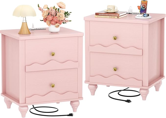 Cyclysio Nightstand Set of 2 with Charging Station, Side End Table with 2 Drawers, Modern Wood Night Stand Set 2 with Scalloped Pattern for Bedroom, Bedside Night Tables with Solid Wood Gourd Legs
