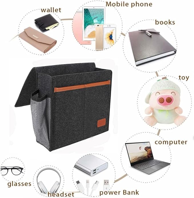 Bedside Caddy,Felt Bedside Storage Organizer, Hanging Storage for Dorm Bed Sofa for tablet Magazine Phone Remotes and Water Bottle Holder (Black)