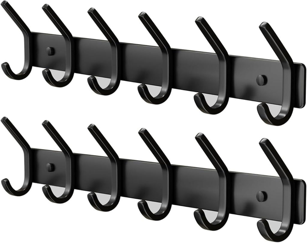 Coat Rack Wall Mount Hooks - 15 Inch Matte Black Metal 6-Hook Organizer Wall Mounted, Modern Kids Room, Entryway & Bathroom Hanger for Beach Towels, Coats, Purses, Bags (2 Pack)