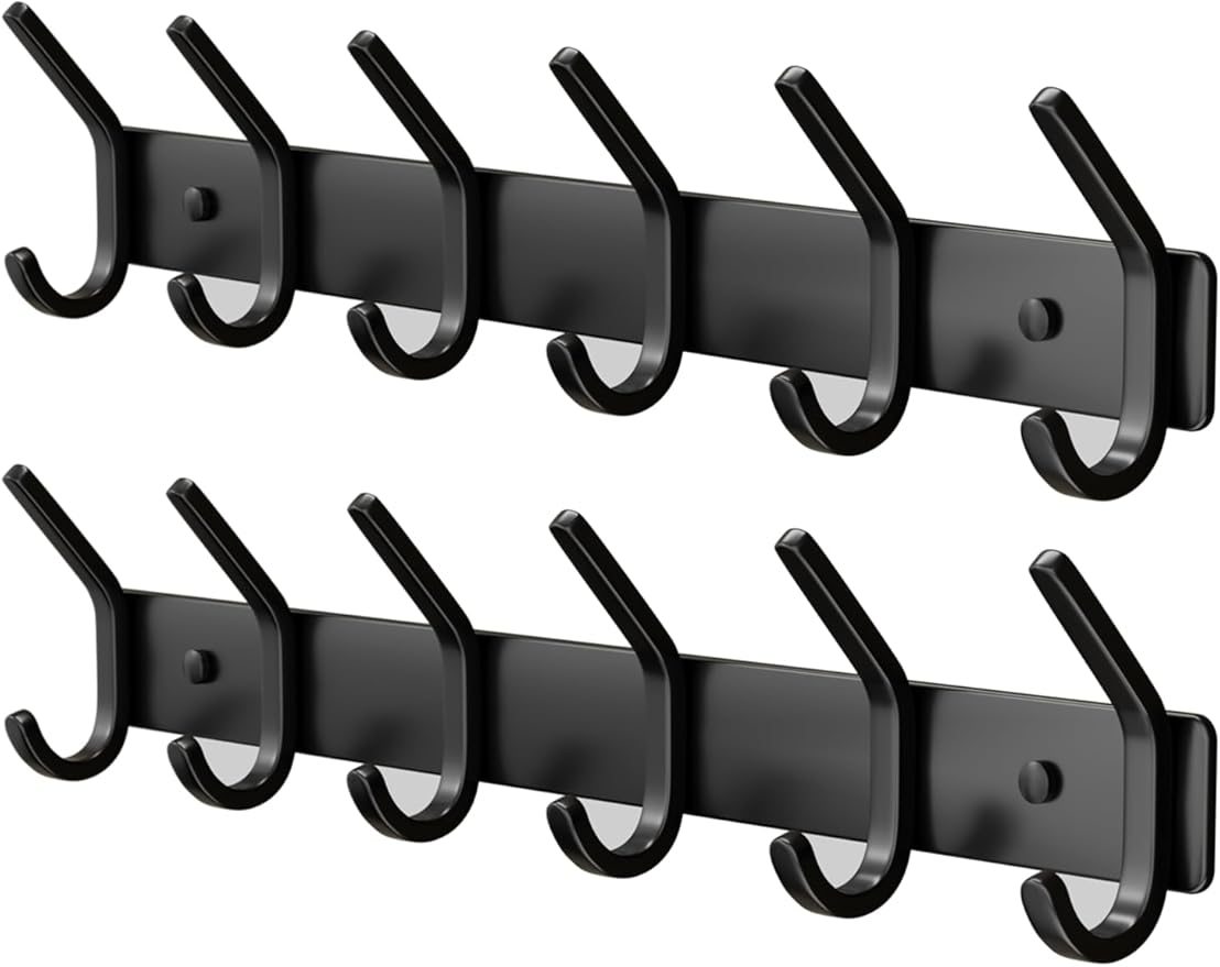 Coat Rack Wall Mount Hooks - 15 Inch Matte Black Metal 6-Hook Organizer Wall Mounted, Modern Kids Room, Entryway & Bathroom Hanger for Beach Towels, Coats, Purses, Bags (2 Pack)