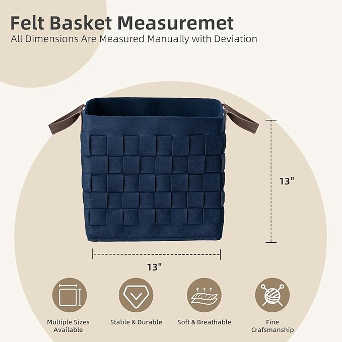 boldmonkey Storage Basket 3 Pack, 13" x13" x13 Large Blanket Baskets with Leather Handle, Cube Felt Fabric Storage Box for Shelves, Bedroom, Nursery, Living Room -Navy blue