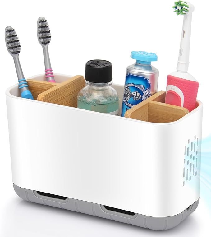 Toothbrush Holders for Bathrooms - Bamboo Divider Toothbrush and Toothpaste Holder with Drainage, Kids Electric Toothbrush Organizer for Bathroom Countertop, White Tooth Brush Holder