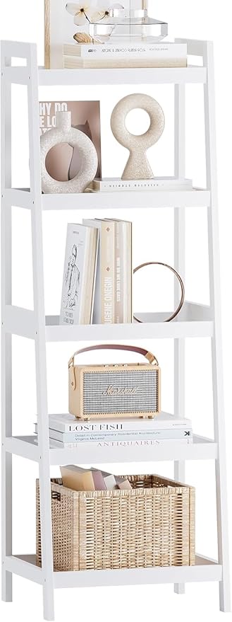 SMIBUY Bamboo Ladder Bookcase, Bathroom Storage Rack Organizer, 4 Tier and 5 Tier Freestanding Plant Display Stand Space Saver Shelves for Bedroom, Kitchen, Balcony (White, 5 Tiers (50" H))