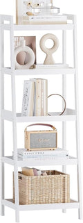 SMIBUY Bamboo Ladder Bookcase, Bathroom Storage Rack Organizer, 4 Tier and 5 Tier Freestanding Plant Display Stand Space Saver Shelves for Bedroom, Kitchen, Balcony (White, 5 Tiers (50" H))