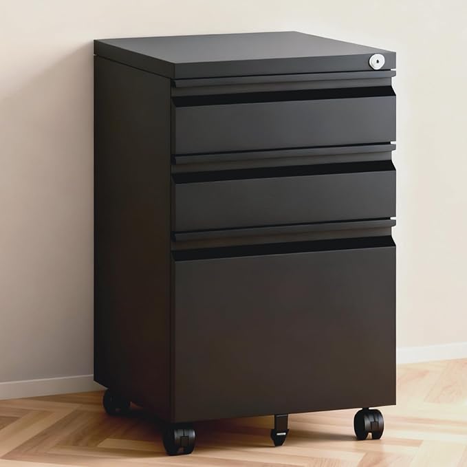 3 Drawer File Cabinet with Lock,Under Desk Rolling Small Filing Cabinet for Home Office Storage,Mobile Steel Cabinets with Wheels,Black,Requires Assembly