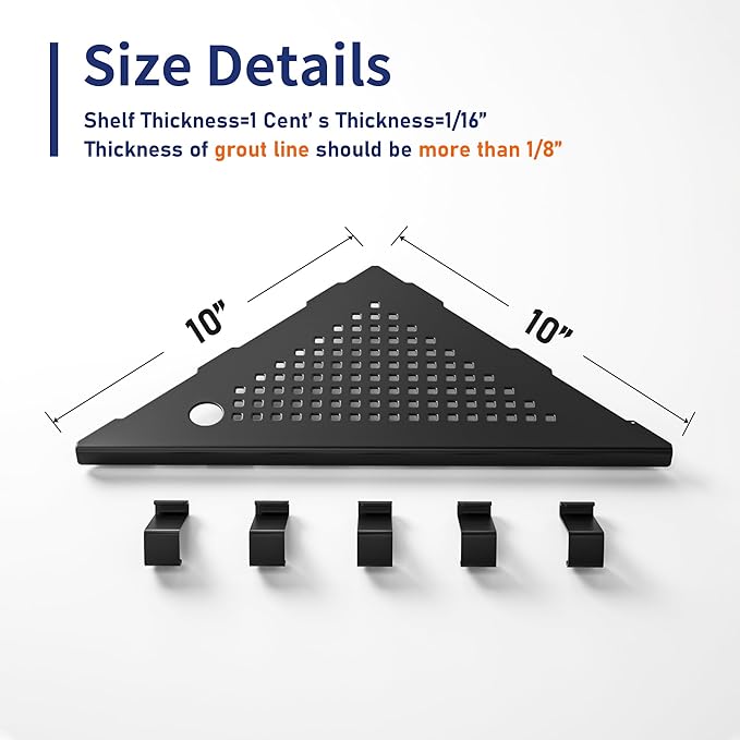 Grout in Shower Shelves with Hooks, 304 Stainless Steel Corner Bathroom Shelf for Tiled Wall (Matte Black, 10'' x 10'')