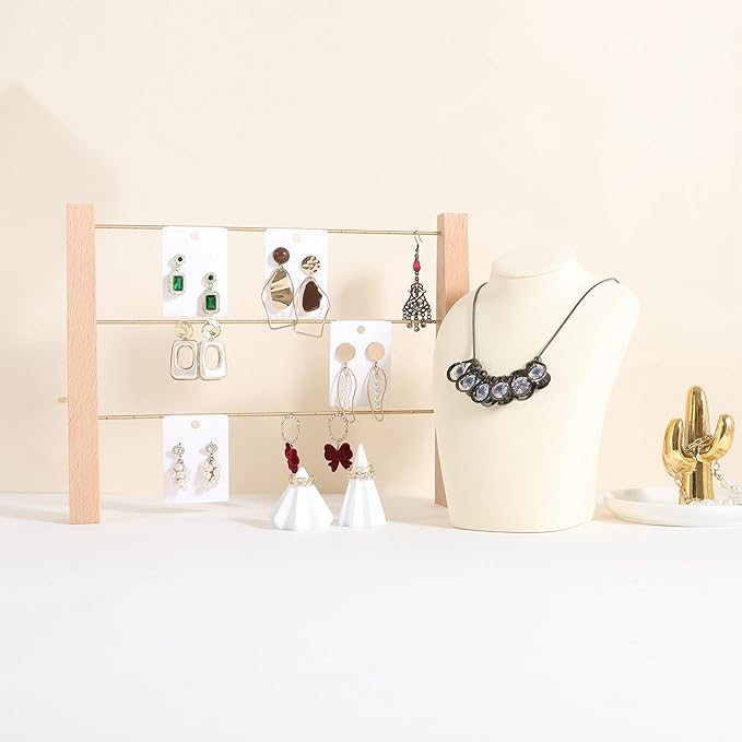 GemeShou 3 Tiers Beech Earring display stands for selling, Wooden Jewelry Shelf, Earring Storage Organizer, Brass earring holders with 42 holes for stud Dangle Hoop【Beech 3-Tier】