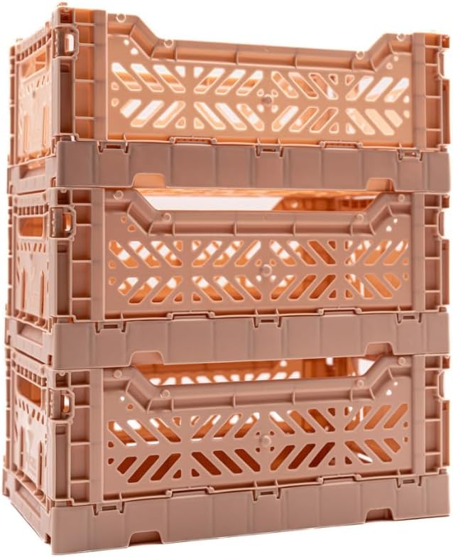 Collapsible Storage Box, Foldable Crate Organizer Bin with Handle, Stackable Crates for Home Organization (Peach, 4L - 3-Pack)