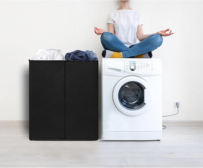 DOKEHOM 150L Double Laundry Basket with Lid and Removable Laundry Bags, Large Collapsible Laundry Hamper with 2 Sections for Bedroom, Bathroom, Laundry Room, Colloge (Black)