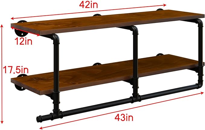 Wall Mounted Clothes Rack 12 Inch Deep, 42 Inch Heavy Duty Garment Rack with Real Walnut Wood Shelf, Multi-Purpose Hanging Rod & Space-Saving Closet Storage Organizer