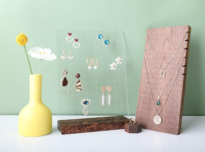 GemeShou walnut earring display for selling jewelry, wooden earring holder for studs display, small jewelry studs display board for show【Wood stand with acrylic board-Walnut】