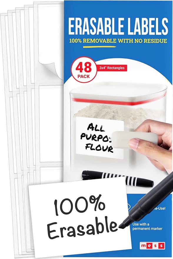 MESS Reusable Kitchen Labels – White Dry Erase, 3x4 in, 48-Pack – Erasable Organizing Stickers for Fridge & Freezer