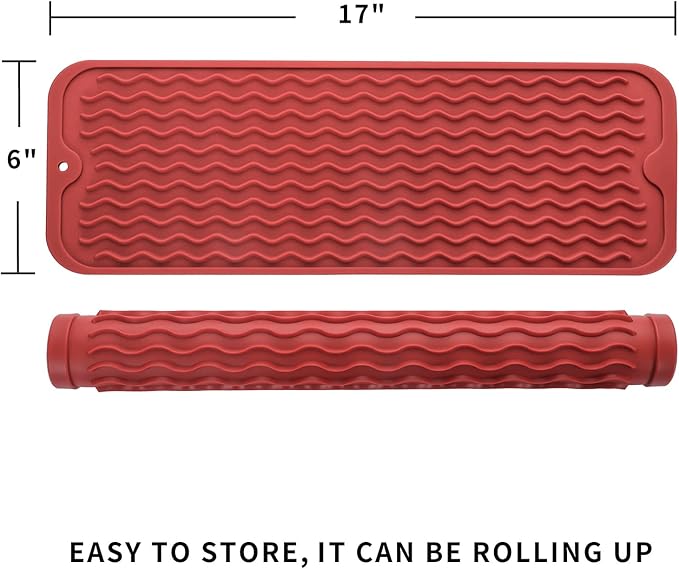 Silicone Dish Drying Mat for Multiple Usage,Easy clean,Eco-friendly,Heat-resistant Silicone Mat for Kitchen Counter,Sink,Bar,Bottle,or Cup Red M 17 inches x 6 inches