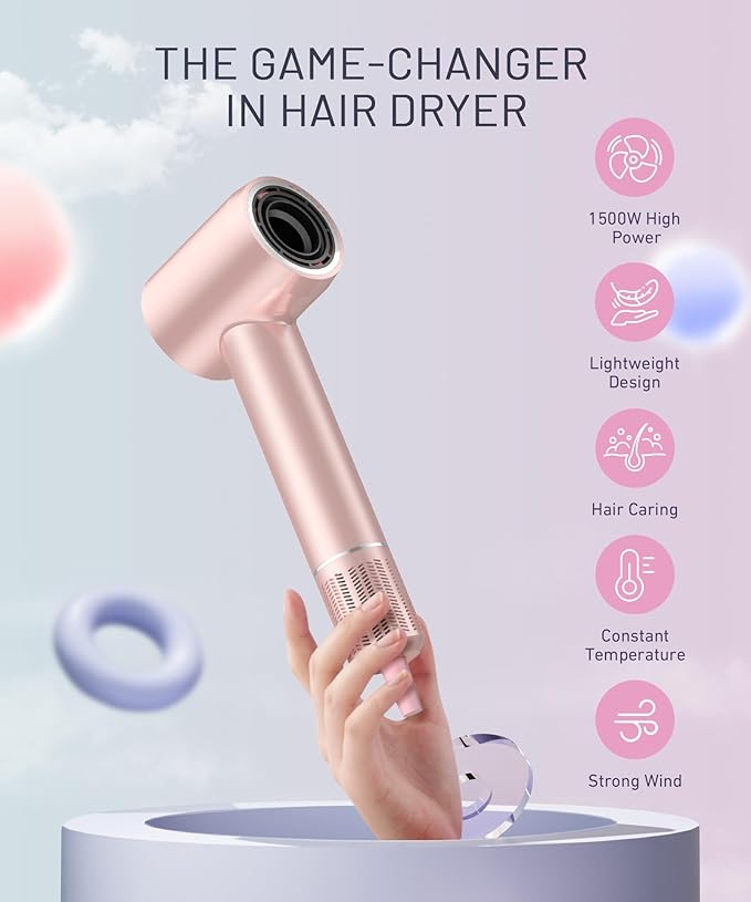 Hair Dryer - 150000 RPM High-Speed Brushless Motor Negative Ionic Blow Dryer for Fast Drying, Low Noise Thermo-Control Hair Dryer with Diffuser and Nozzle, Gleaming Pink