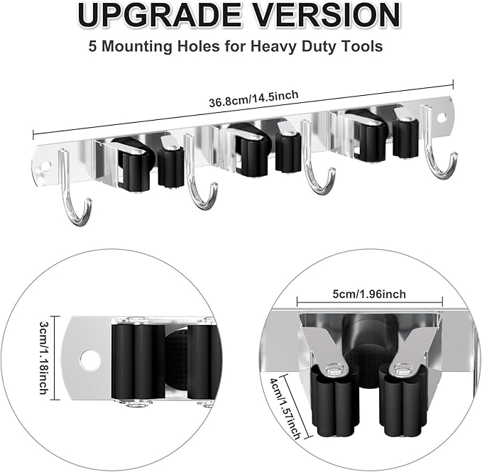 Broom Holder Wall Mount, Broom Organizer Wall Mount Stainless Steel Broom and Mop Hanger Heavy Duty Storage Organization for Home Kitchen Garden Garage Room 3 Racks 4 Hooks Black