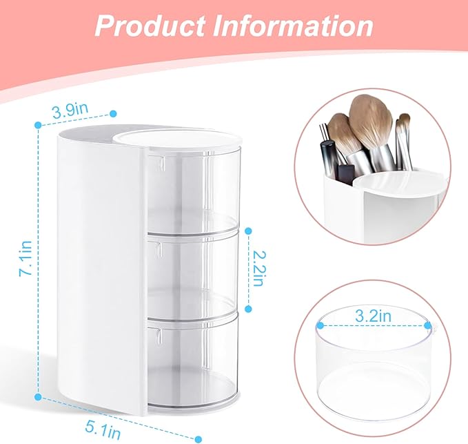 Hair Accessories Organizer with Hair Brush Holder, Rotatable Makeup Brush and Jewelry Storage Box for Hair Clips, Earrings, Necklaces, Bracelets, Rings, and Daily Accessories (White, 3-Layer)