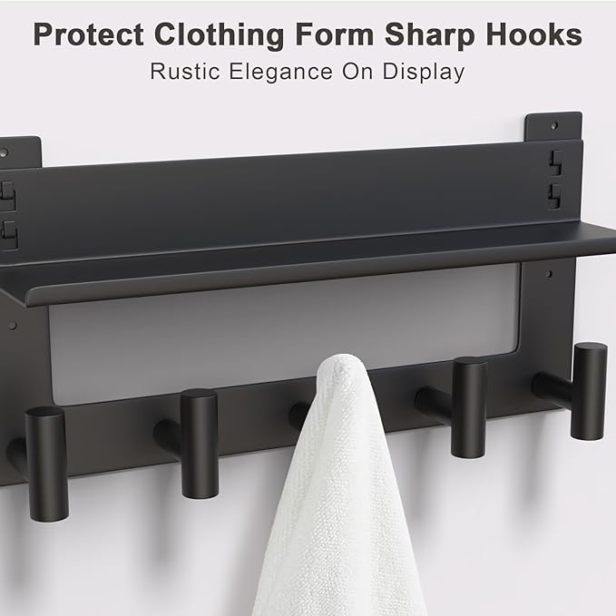 VAEHOLD Wall-mounted Coat Rack with Shelf Wall Hooks with Upper and Lower Double Storage Entryway Shelf with 5 Stainless Steel Hooks to Hang Clothes Towels Bathrobe Purse(Black)