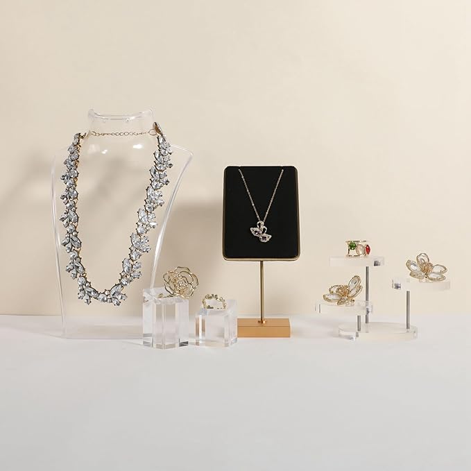 GemeShou Black velvet necklace stand, gold necklace hanger, small metal jewelry stand for earrings and necklaces【Black】