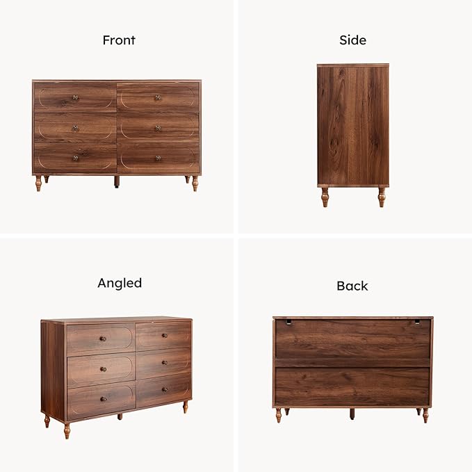 6 Drawer Dresser for Bedroom, 47" Wide Mid-Century Chest of Drawers with Solid Wood Legs, Dark Walnut Wood Dresser with 6 Storage Drawers for Bedroom, Living Room, TV Stand