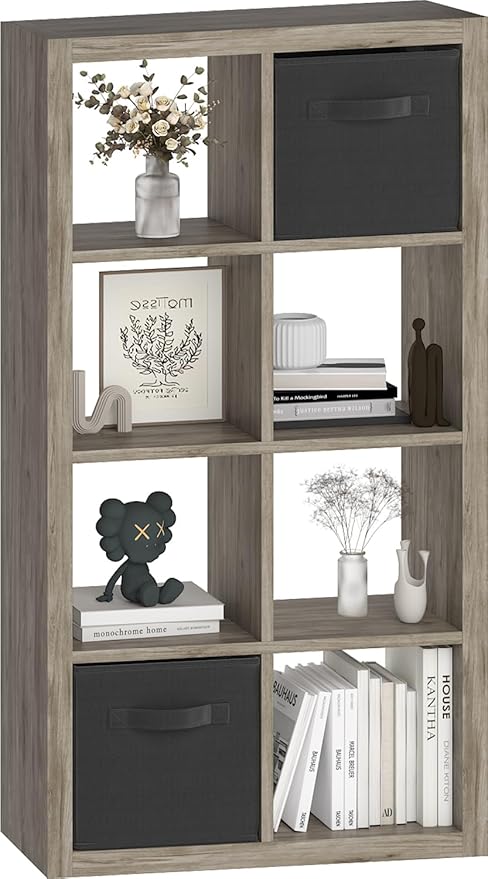 Bookshelf Cube Storage Organizer, 8-Cube Shelf Bookcase with Storage Bin, Modern Wood Open Shelf for Living Room, Bedroom, Home Office, Gray Oak