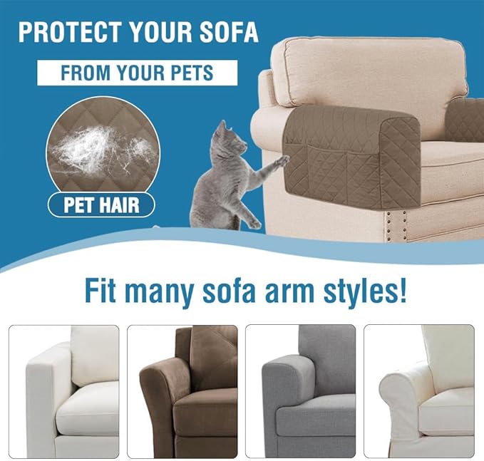 H.VERSAILTEX Couch Arm Covers Water Resistant Armrest Covers for Sofa Remote Control Holder Sofa Armrest Organizer for Magazine, Tablet, Phone, iPad(Set of 2, Taupe/Beige)