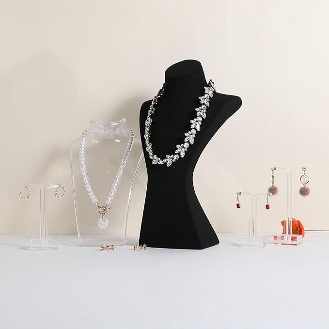 GemeShou Black necklace storage hanger stand jewelry organizer, Velvet jewelry stand necklace holder, jewelry mannequin bust for necklaces, jewelry bust display stands【Black-Large height 12 inch】