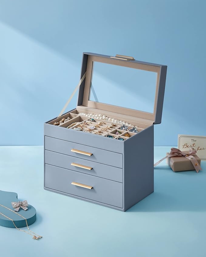 SONGMICS Jewelry Box Organizer with Glass Lid, 4-Layer Jewelry Storage, with 3 Drawers, Modern Style, Christmas Gift, 6 x 9.9 x 8.5 Inches, Smoky Blue and Gold Color UJBC161Q01