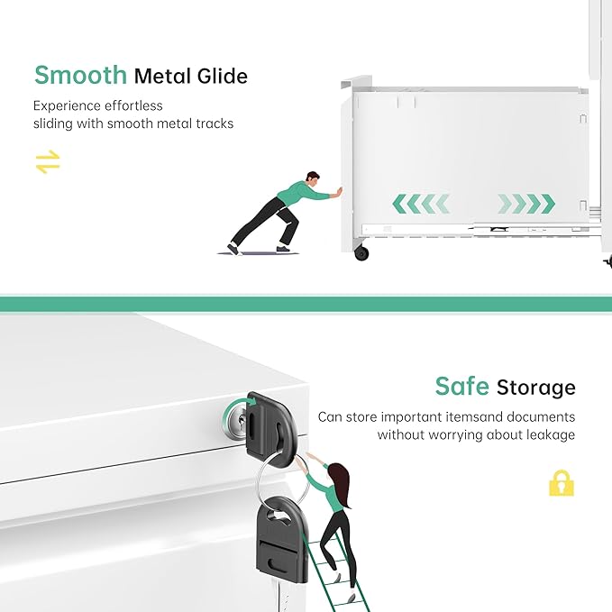 Bonusall 2 Drawer File Cabinet, Metal Rolling File Cabinet with Lock, Filing Cabinets for Home Office Fit A4/Letter/Legal, Easy Assembled, White