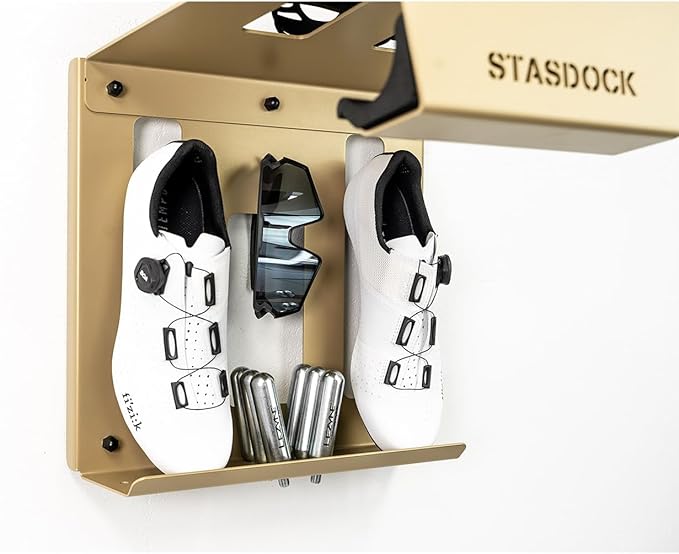 Stasdock Wall Bike Rack | Bike Storage Wall Mount System | For Race Bicycles (New Gold) and Mountain Bikes | Bike Shelf | Indoor bike wall bracket | Store your helmet and shoes | Home and Garage