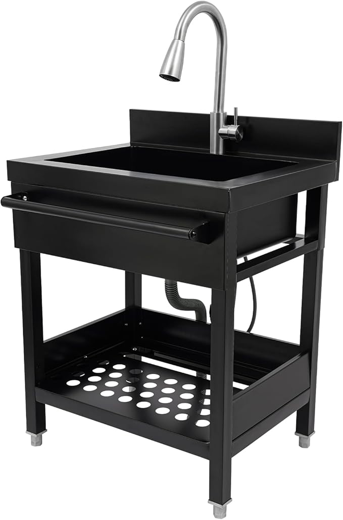 Stainless Steel Utility Sink, Free Standing Single Bowl Kitchen Sink with Pull-Out Cold/Hot Faucet, Storage Shelf & Splashback, Large Utility Sinks for Laundry, Garage 25.8 * 20.3 * 33.8in