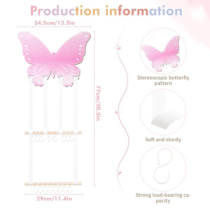 POVETIRE Headband Holder Bow Holder for Girls Hair Bows,Butterfly Hair Accessories Organizer Storage Wall Hanging Display for Nursery Toddler Girls Room