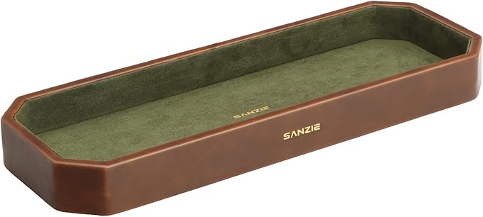 SANZIE Leather Tray Organizer Small Trays Decorative Tray Desktop Storage Premium Serving Tray Valet for Sundries Cosmetics Keys Phone Wallet Cutlery (Brown, Medium)