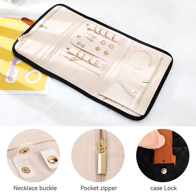 Voova Travel Jewelry Holder Organizer Case, Large Jewelry Storage Bag for Women Girls, Foldable Traveling Jewellery Pouch Roll for Necklaces Rings Earrings Bracelets, Black