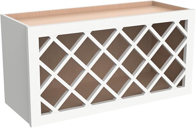 Solid Wood Wine Bottle Rack Wall Cabinet with Lattice Panels - Wine Holder and Storage for Bar, Pantry, Cellar - Mocha (White, 30'W 12'D 15'H)