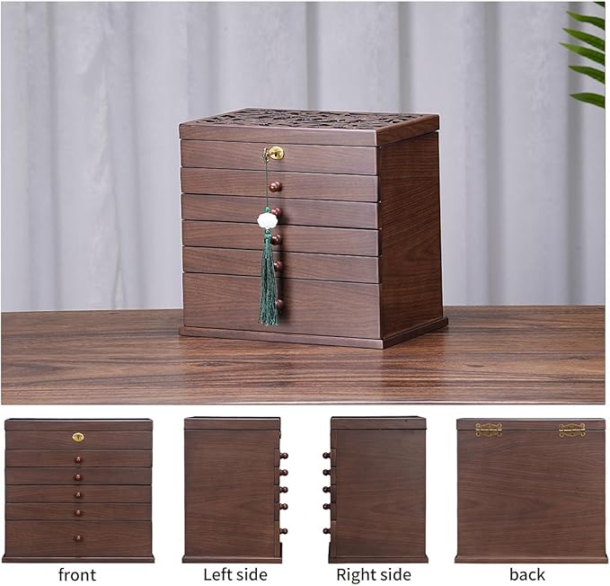 Vintage Rustic Wooden Jewelry Organizer boxes with 5 Drawers & Lock | Large Storage Box for Necklaces, Rings, Earrings | Handcrafted Gift for Women