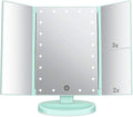 Tri-fold Lighted Vanity Makeup Mirror with 3x/2x Magnification,21 LEDs Light and Touch Screen,180 Degree Free Rotation Countertop Cosmetic Mirror,Travel (Green)